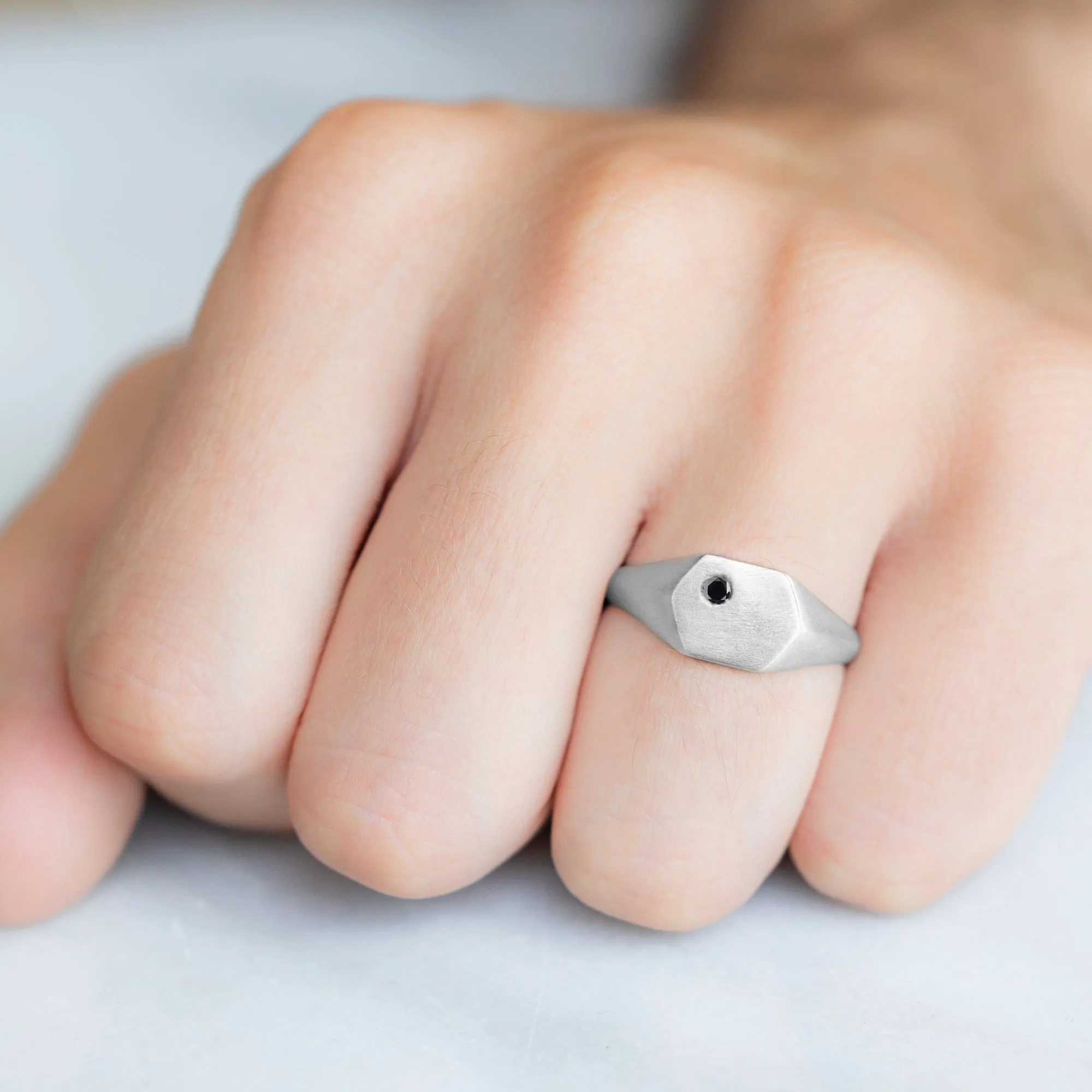 The Hexagon Black Diamond Signet Ring | 14K White Gold