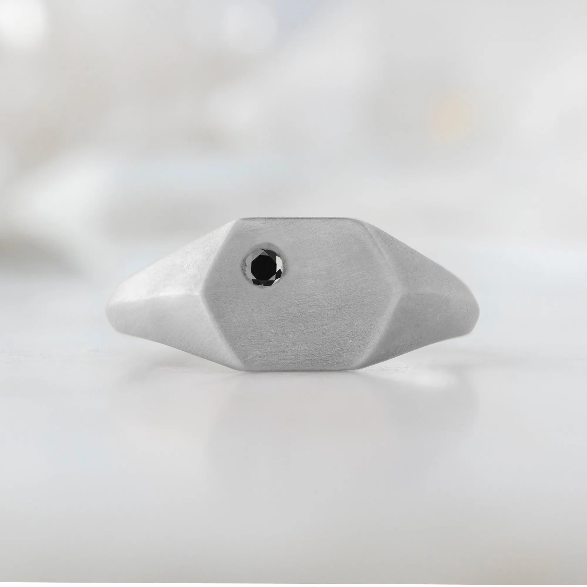 The Hexagon Black Diamond Signet Ring | 14K White Gold