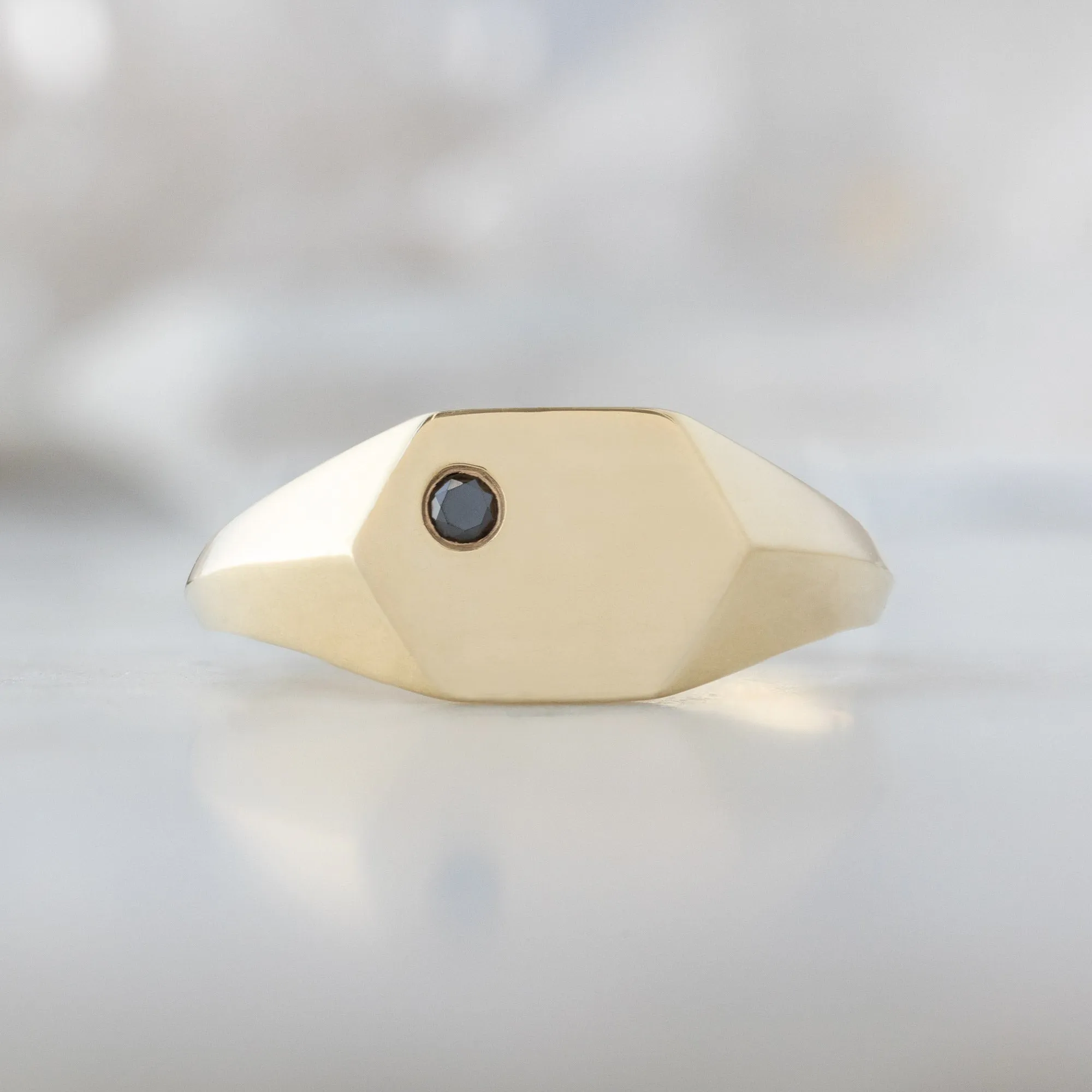 The Hexagon Black Diamond Signet Ring | 14K Yellow Gold