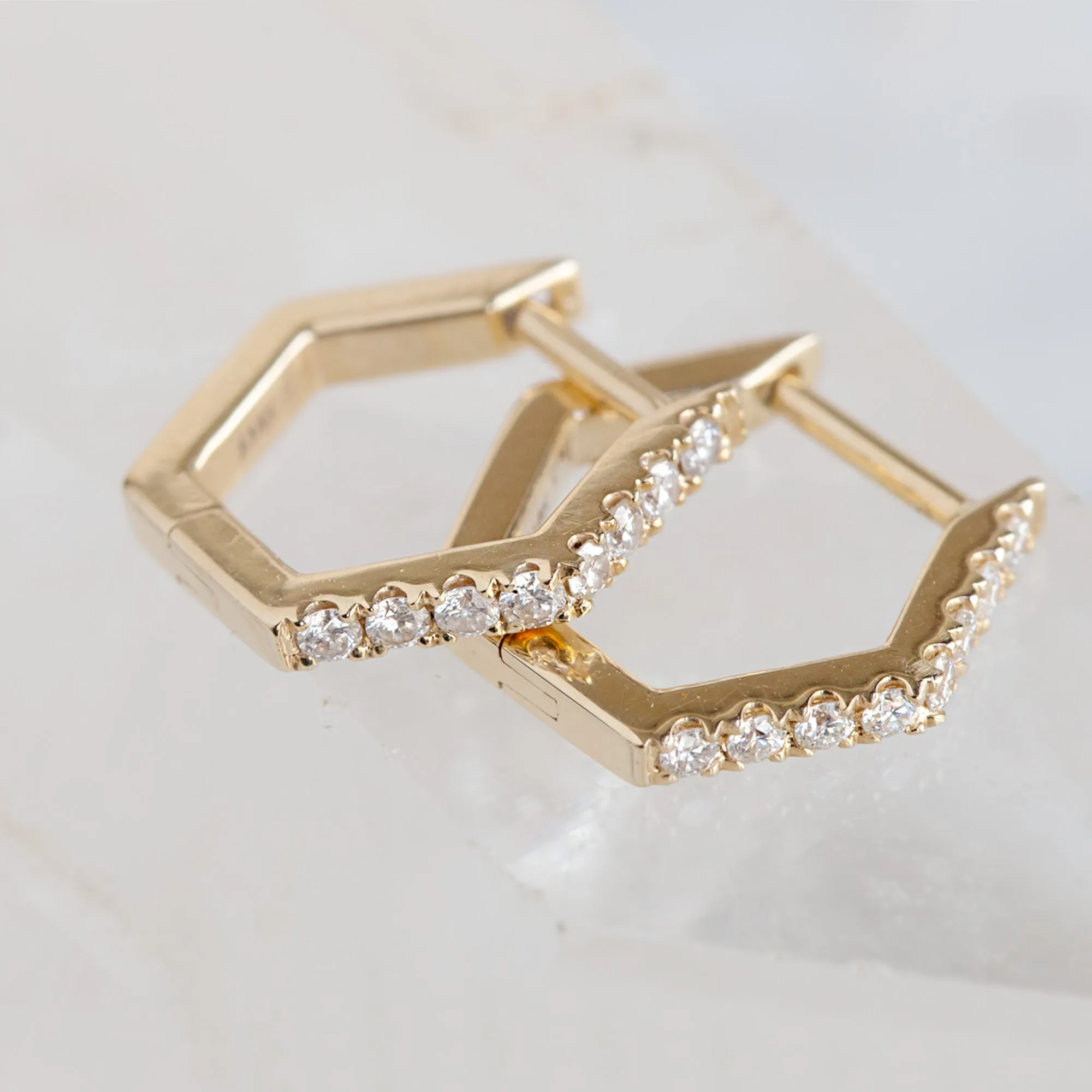 The White Diamond Pavé Hexagon Hoops | 14K Yellow Gold