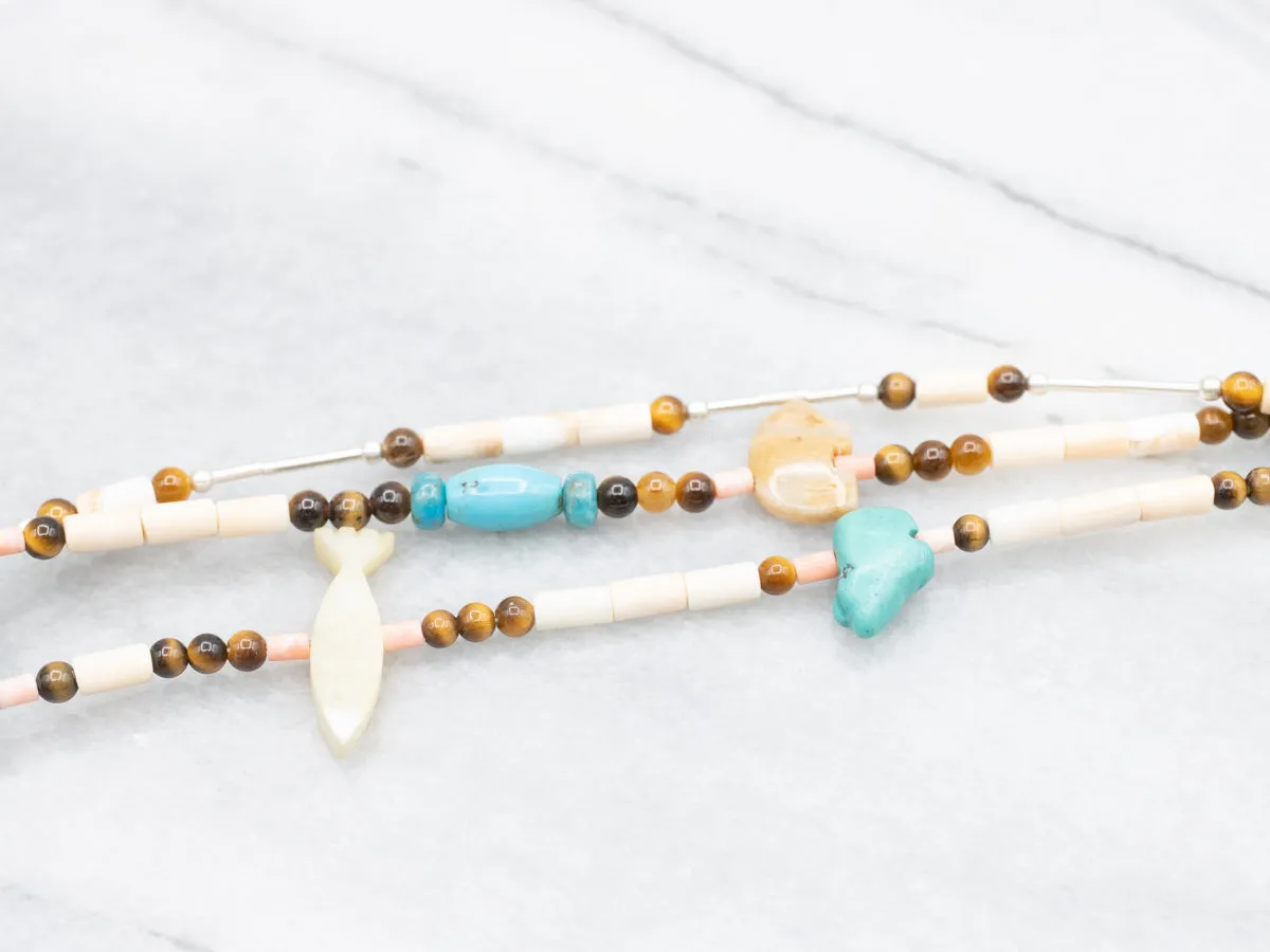 Three-Strand Turquoise and Tiger's Eye Animal Fetish Bead Necklace