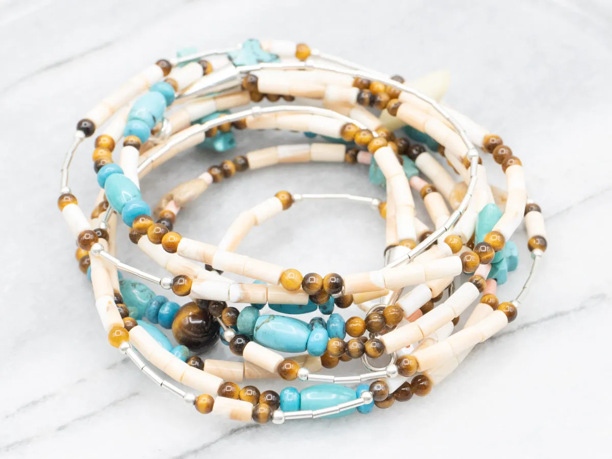 Three-Strand Turquoise and Tiger's Eye Animal Fetish Bead Necklace