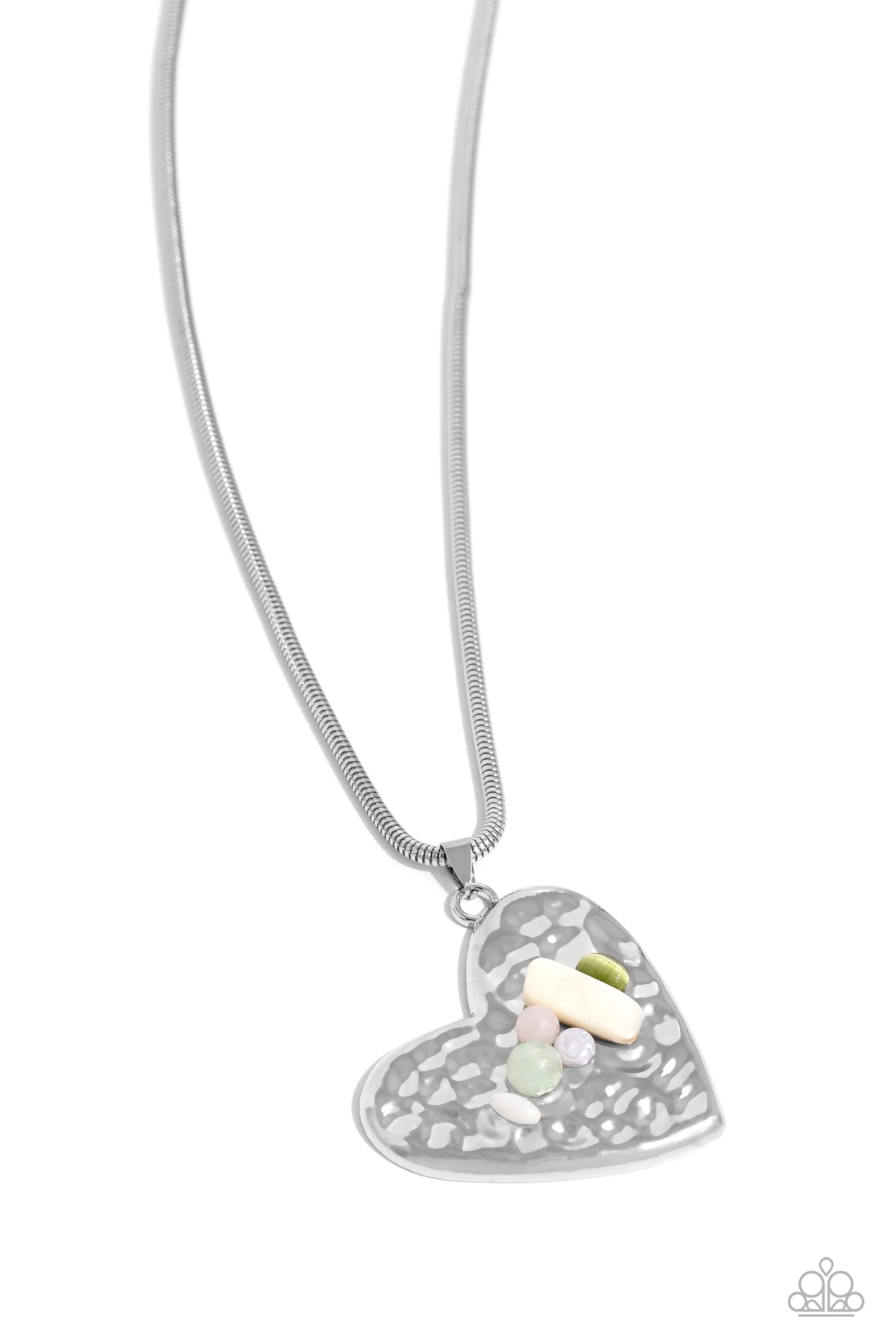 Tilted Trailblazer - Green - Stone and Pearl Encrusted Oversized Hammered Heart Paparazzi Short Necklace