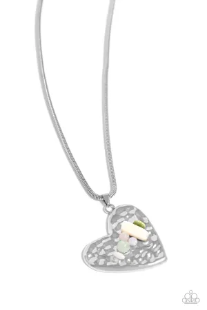 Tilted Trailblazer - Green - Stone and Pearl Encrusted Oversized Hammered Heart Paparazzi Short Necklace
