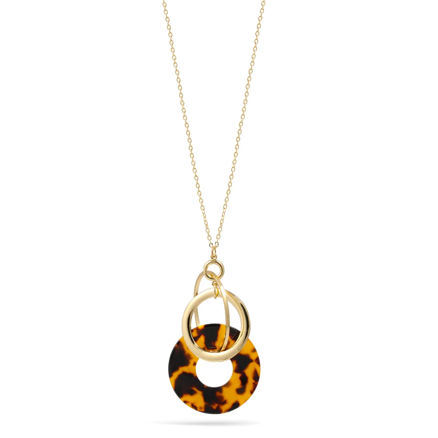 TORTOISE SHELL ACETATE RESIN ROUND GOLD INTERLOCKING  PENDANT NECKLACE #SQMW8 (AC21)