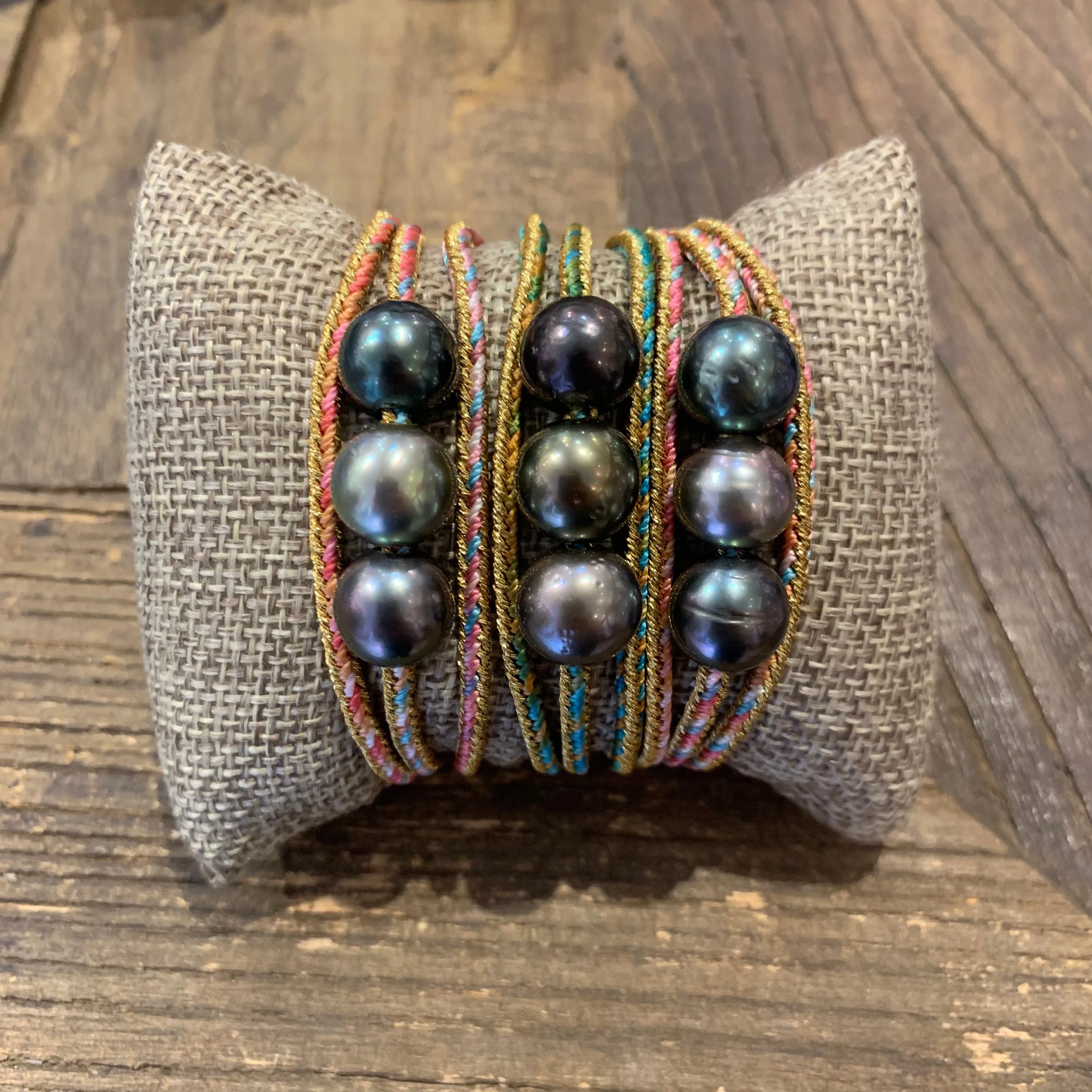 Triple Wrap Tahitian Pearls on Metallic Cord Bracelet