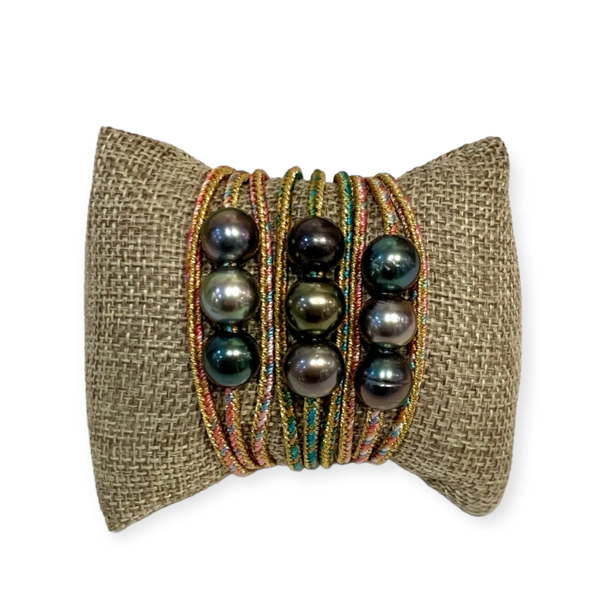 Triple Wrap Tahitian Pearls on Metallic Cord Bracelet