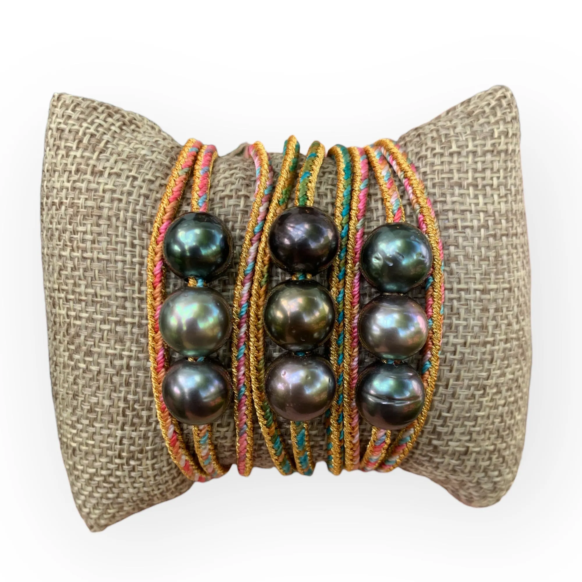 Triple Wrap Tahitian Pearls on Metallic Cord Bracelet