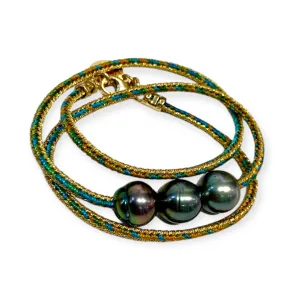 Triple Wrap Tahitian Pearls on Metallic Cord Bracelet