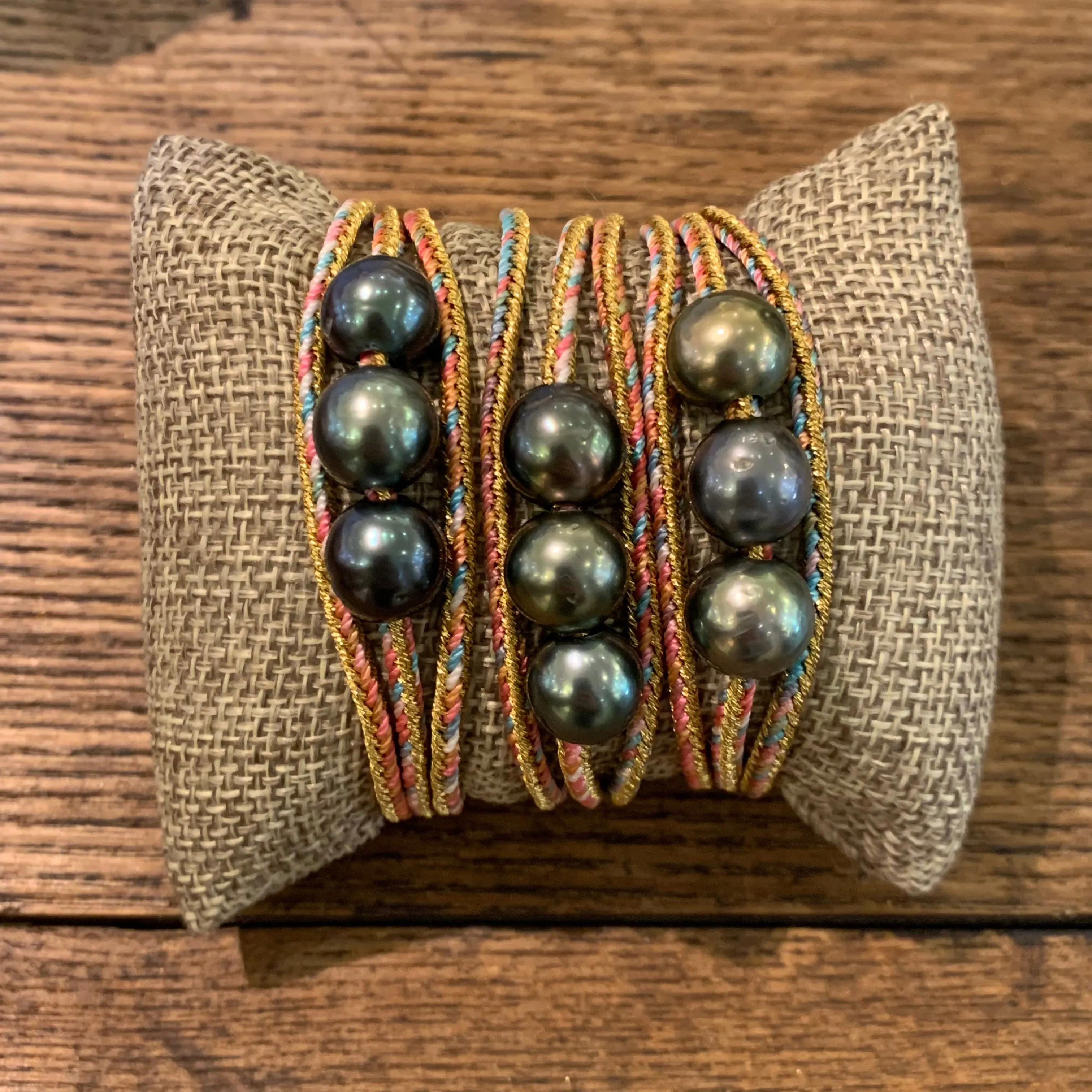 Triple Wrap Tahitian Pearls on Metallic Cord Bracelet