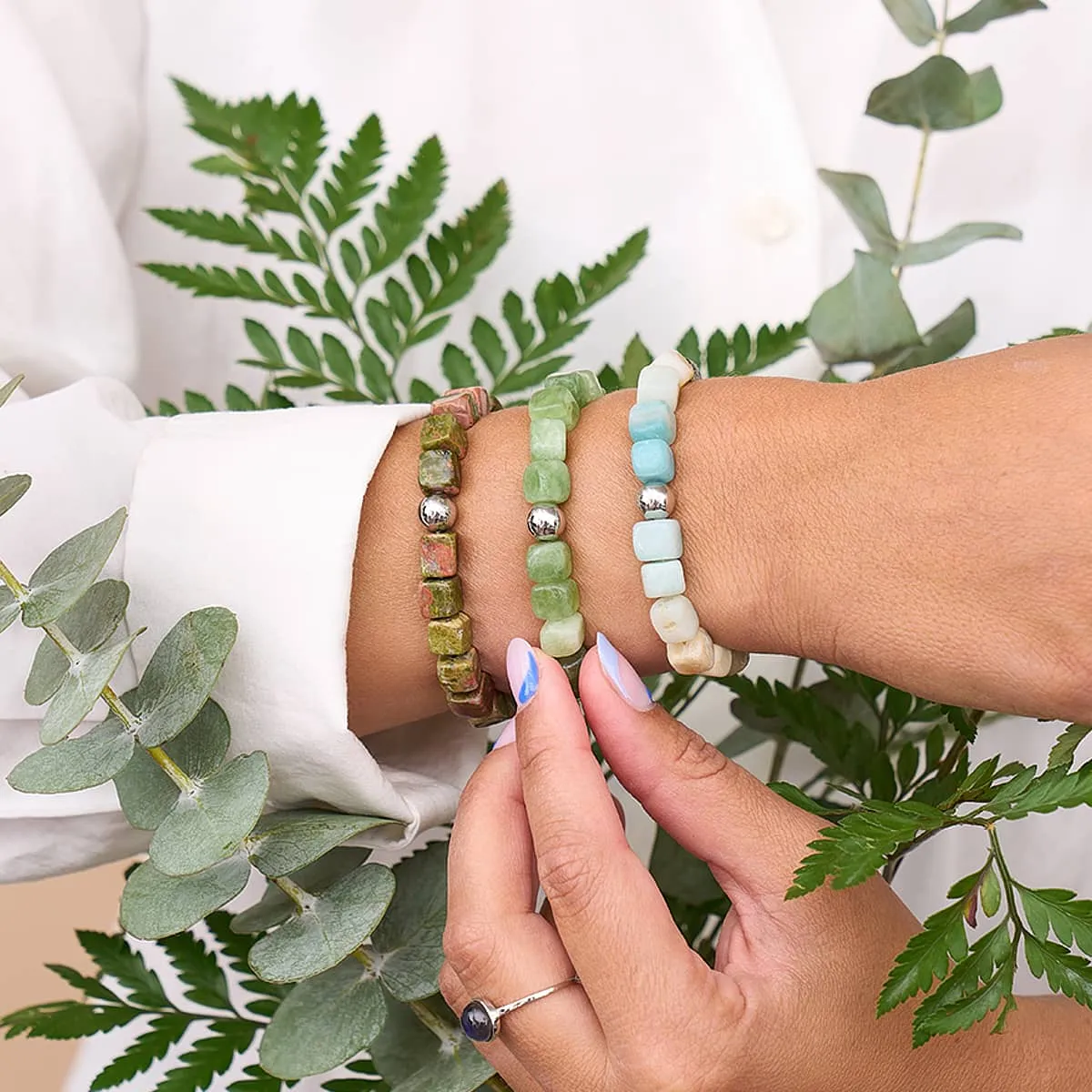 Unakite Jasper | Silver | Gemstone Pebble Bracelet