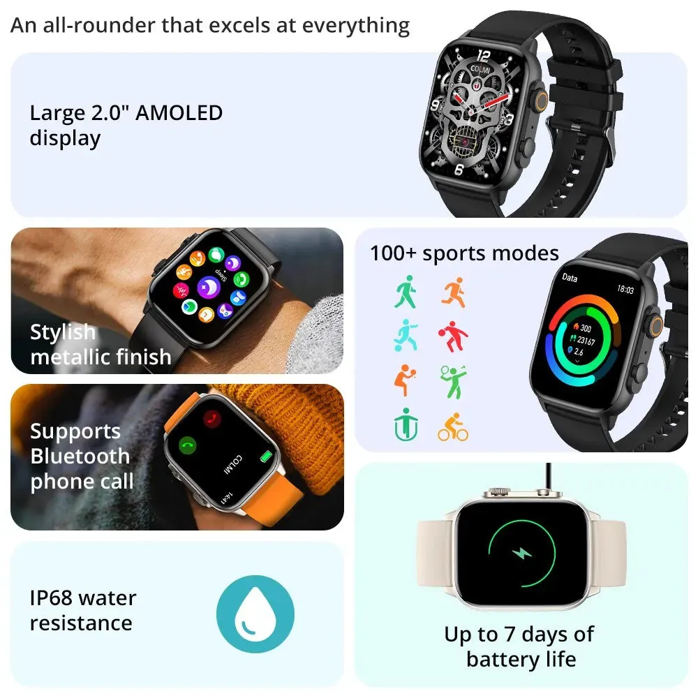 Unisex 2.0 Inch Amoled Smartwatch - Aod 100 Sports Modes Ip68 Waterproof