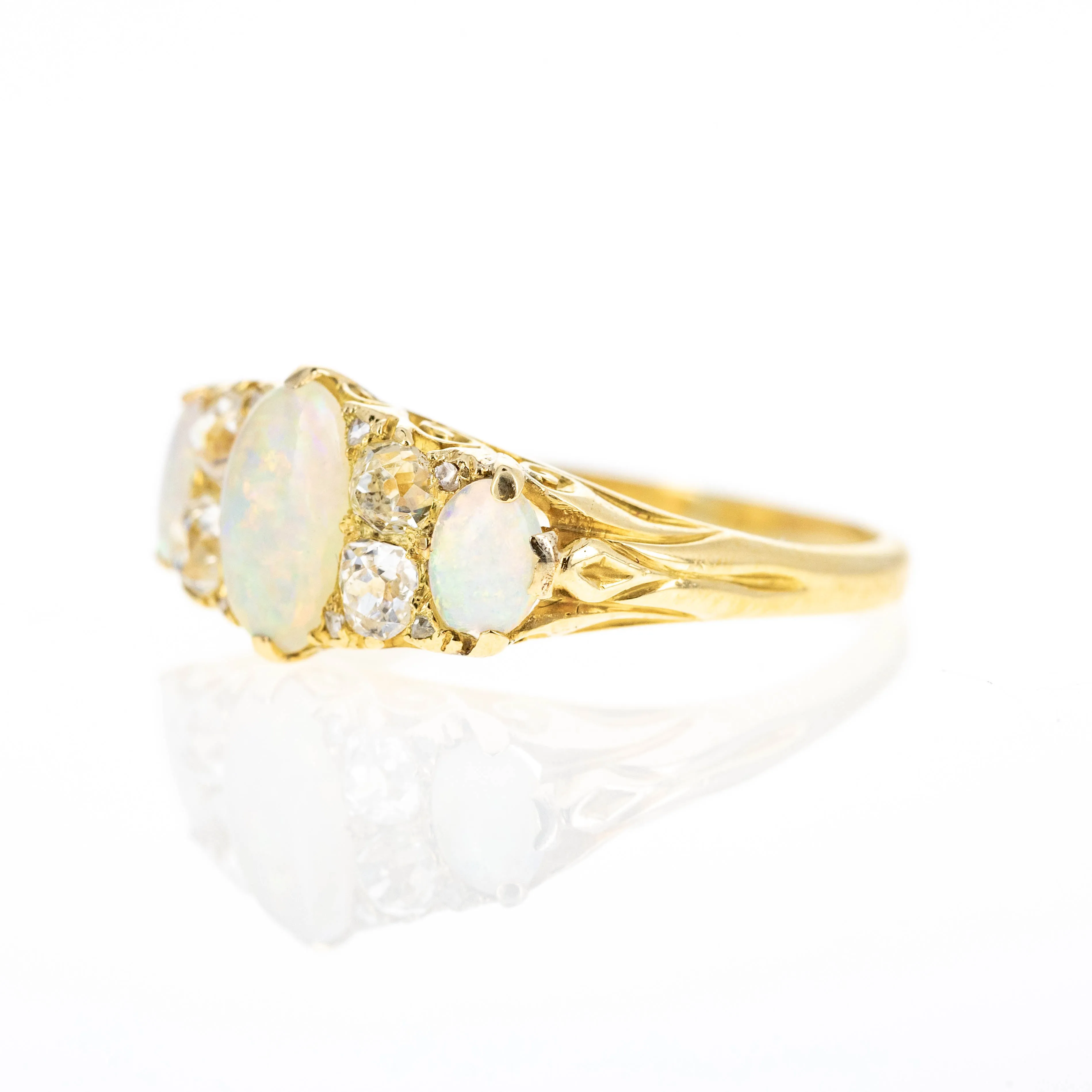 Victorian 18K Yellow Gold 1 Carat Opal Diamond Three Stone Band
