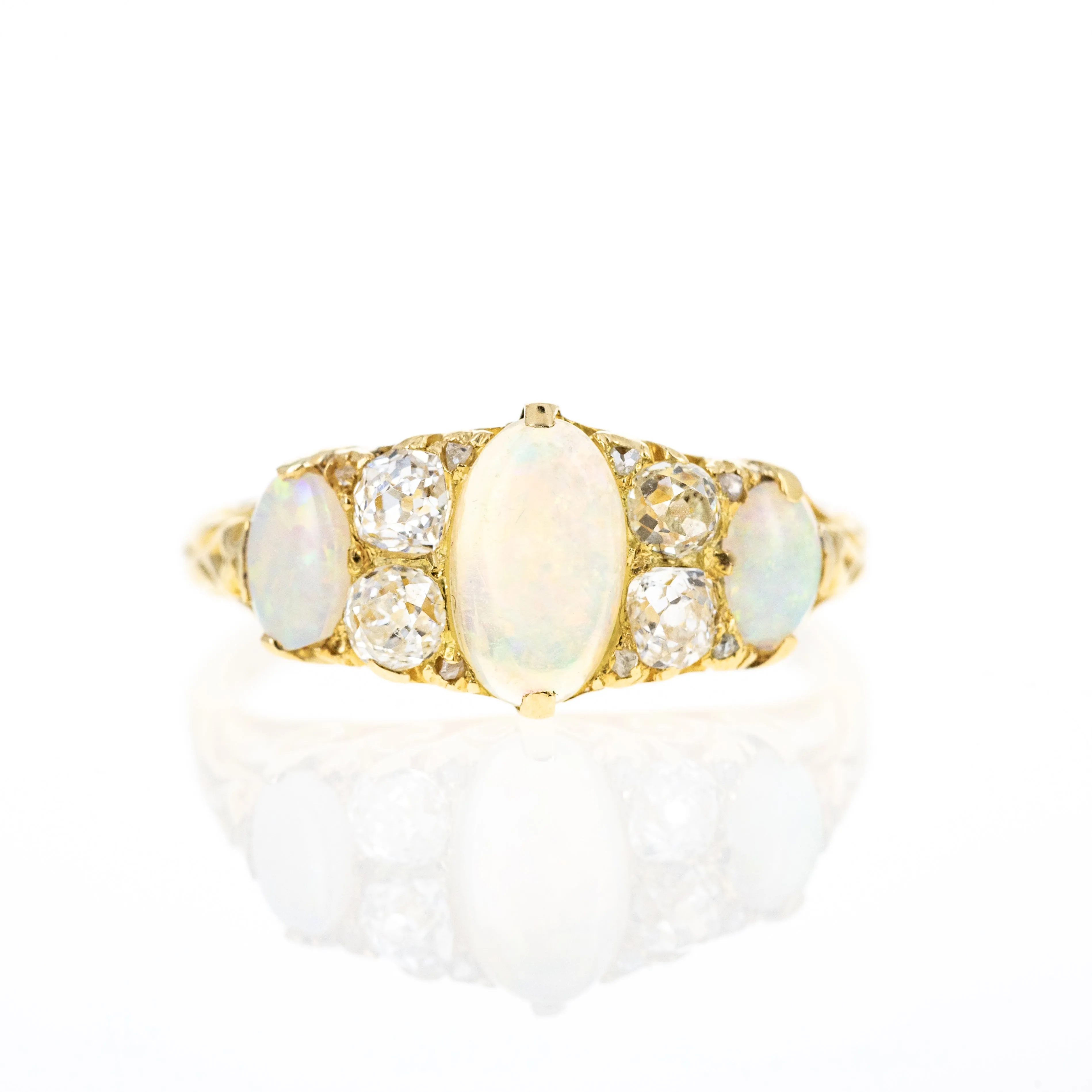 Victorian 18K Yellow Gold 1 Carat Opal Diamond Three Stone Band