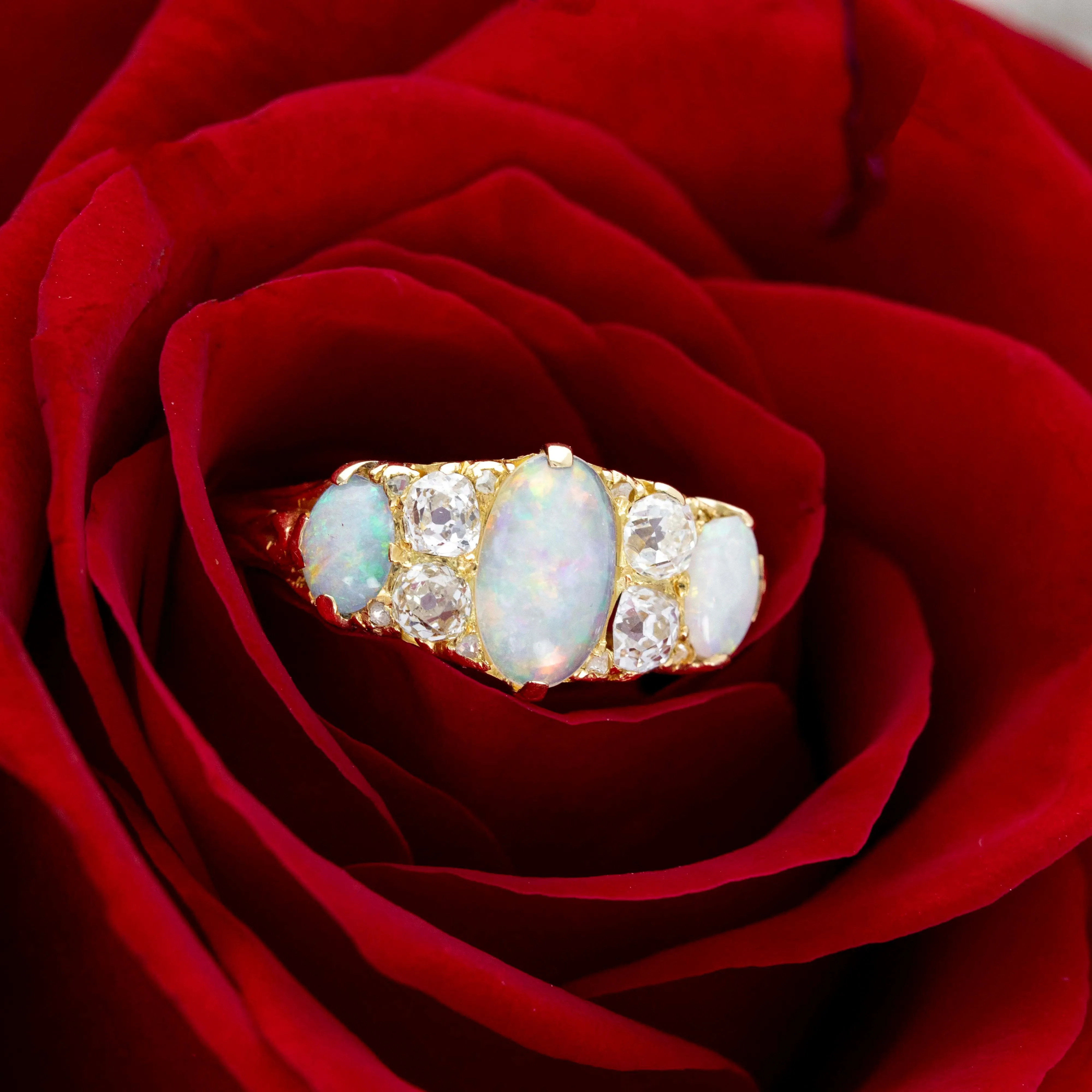 Victorian 18K Yellow Gold 1 Carat Opal Diamond Three Stone Band