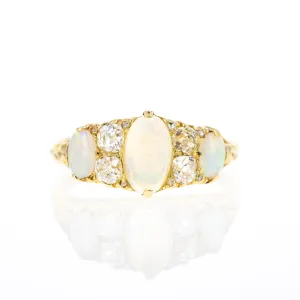 Victorian 18K Yellow Gold 1 Carat Opal Diamond Three Stone Band