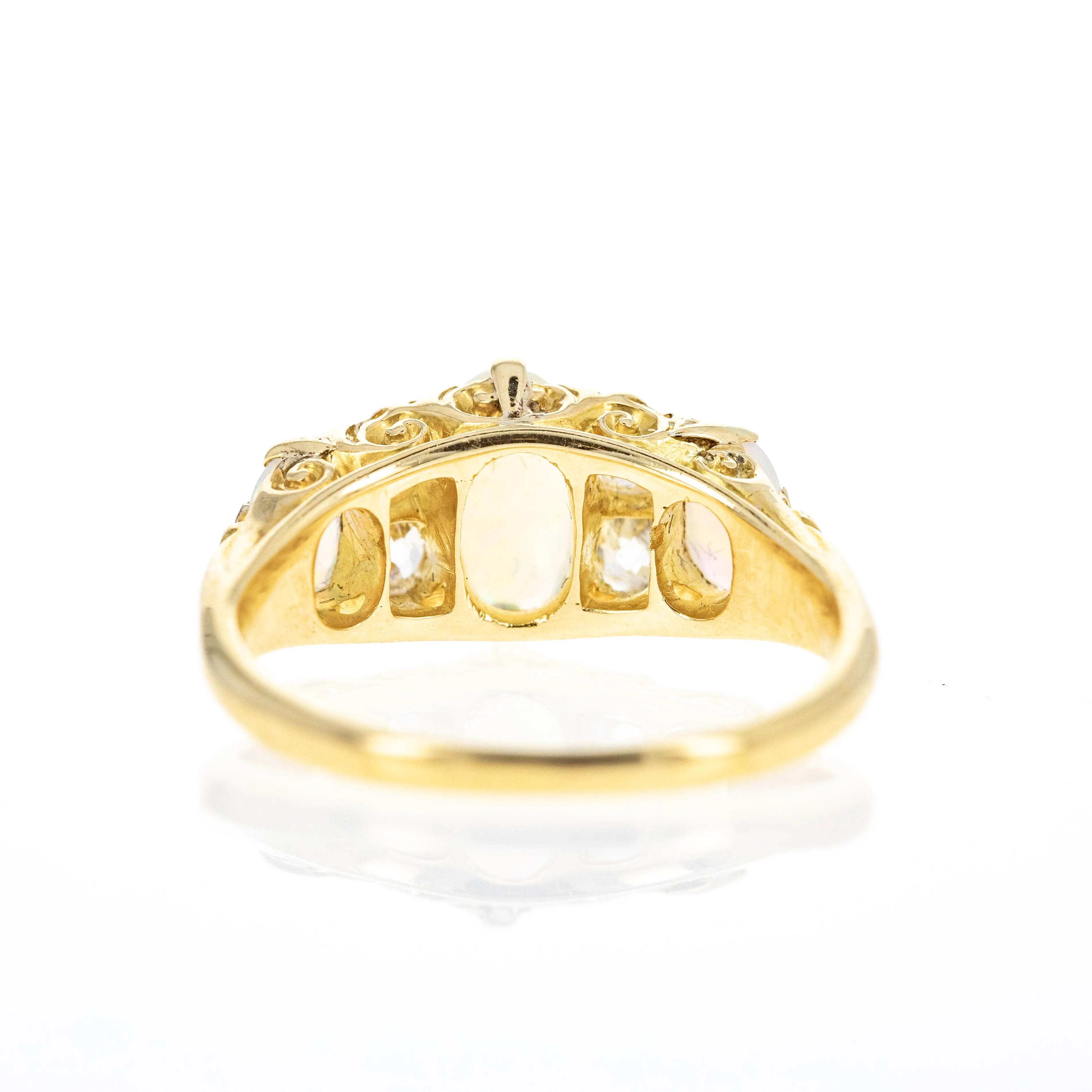 Victorian 18K Yellow Gold 1 Carat Opal Diamond Three Stone Band