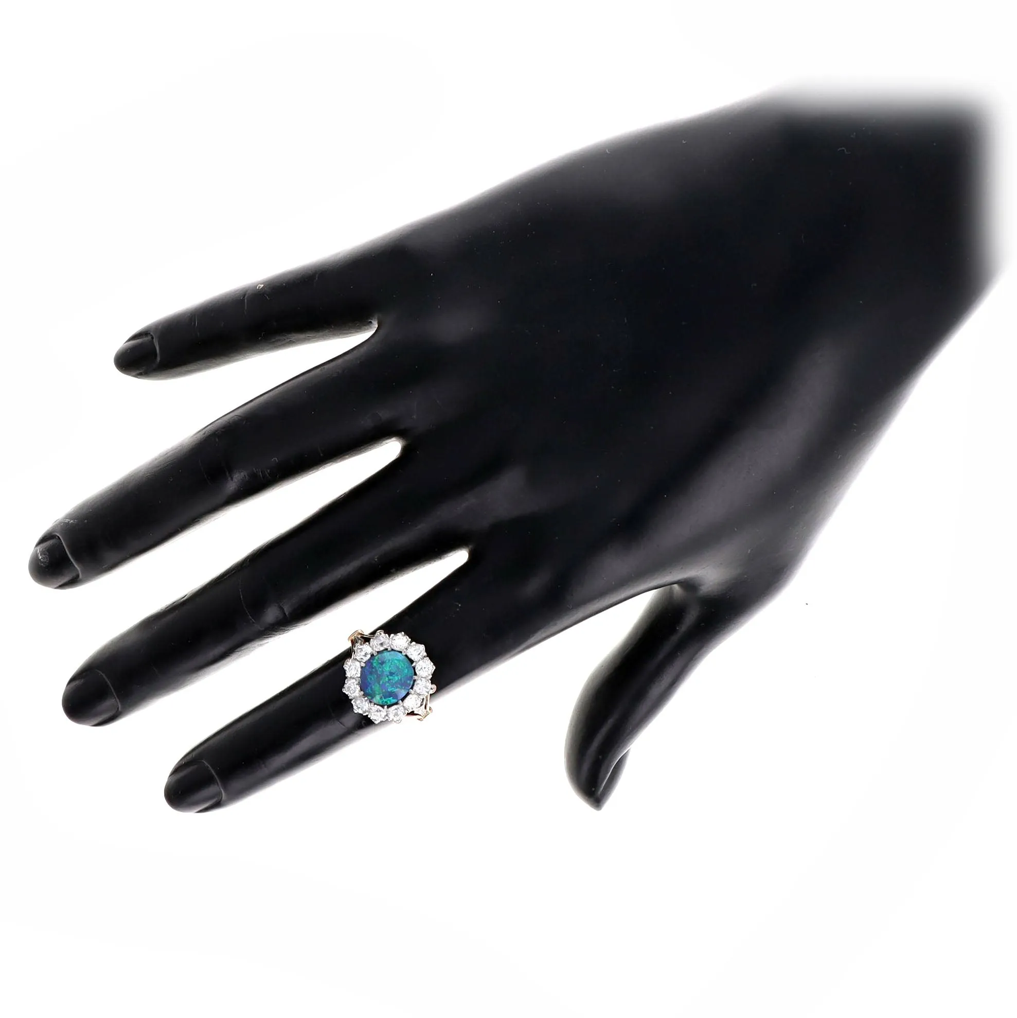 Victorian Inspired 1.40 Carat Black Opal & Old European Diamond Halo Ring in 18K Yellow Gold