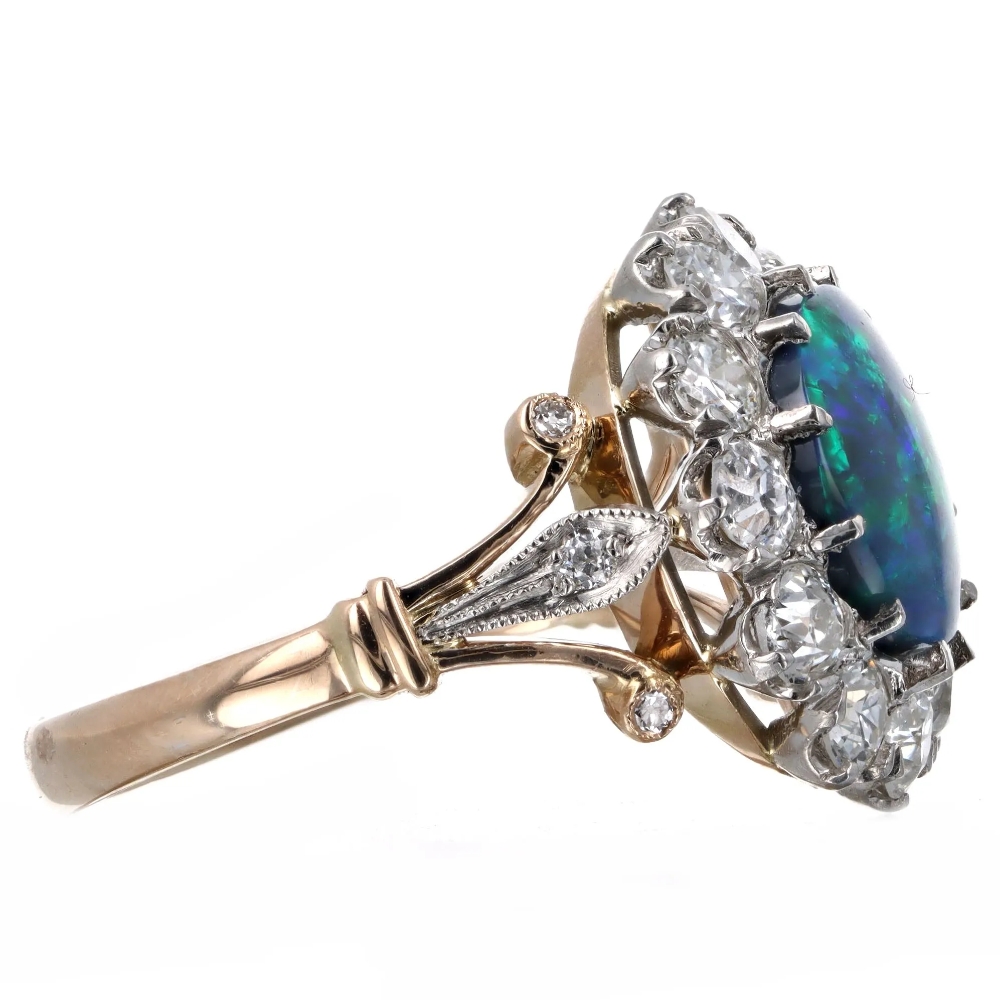 Victorian Inspired 1.40 Carat Black Opal & Old European Diamond Halo Ring in 18K Yellow Gold