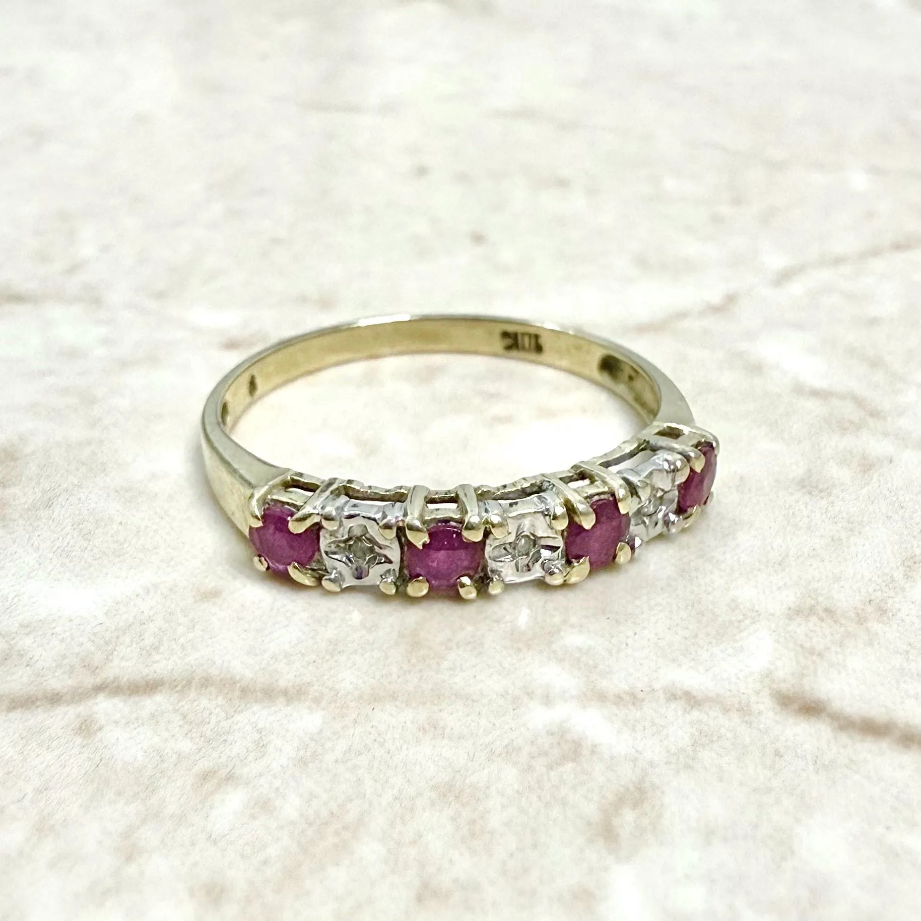Vintage 10 Karat Two-Tone Gold Diamond & Ruby Band Ring