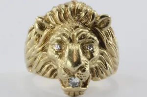 Vintage 14K Gold & Diamond Chunky Figural Lions Head Ring .10 CTW