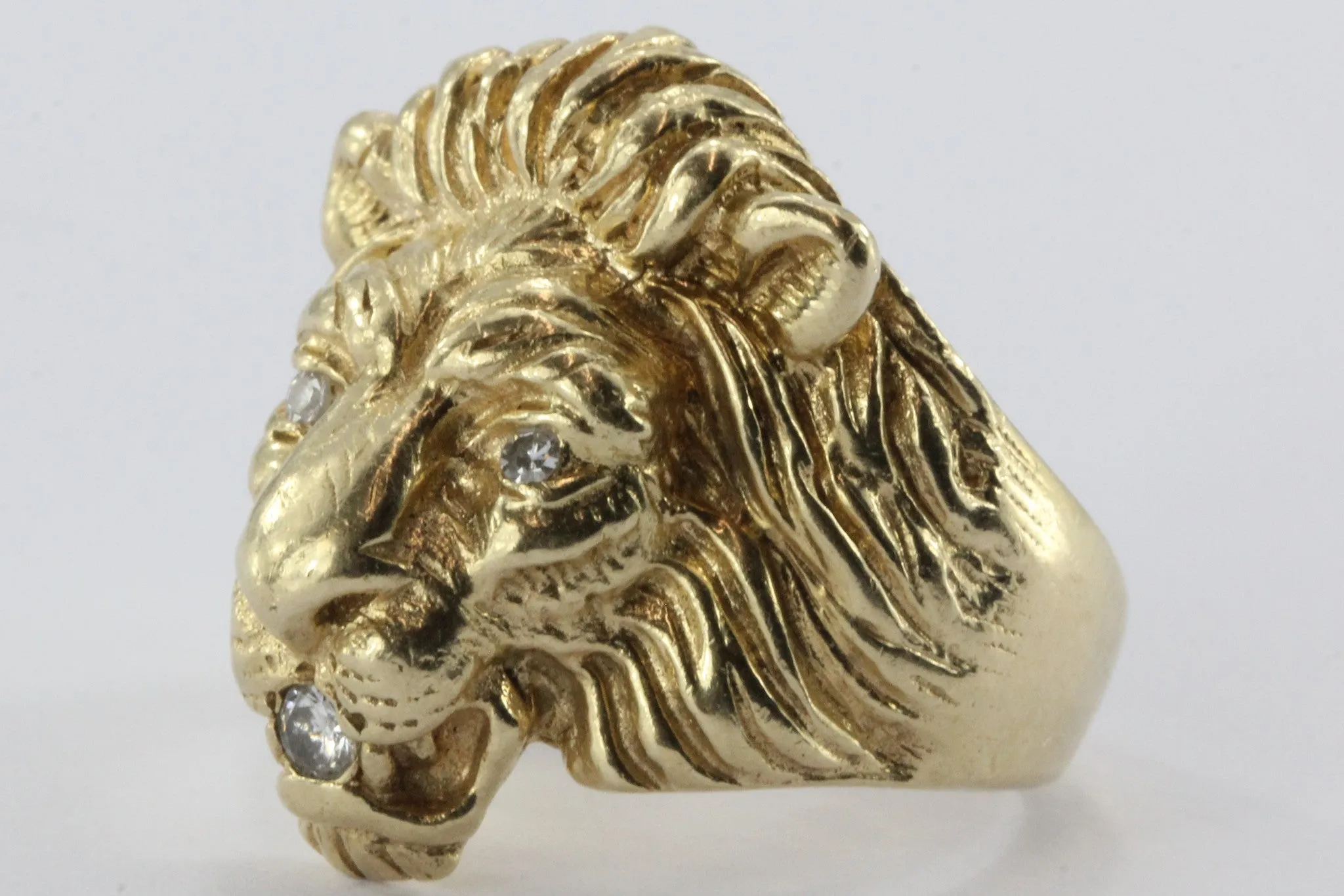 Vintage 14K Gold & Diamond Chunky Figural Lions Head Ring .10 CTW