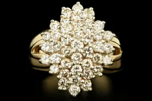 Vintage 14K Yellow Gold 2 Carat Round Brilliant Diamond Cluster Ring
