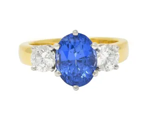Vintage 3.86 CTW No Heat Ceylon Sapphire Diamond Platinum 18 Karat Gold Three Stone Ring GIA