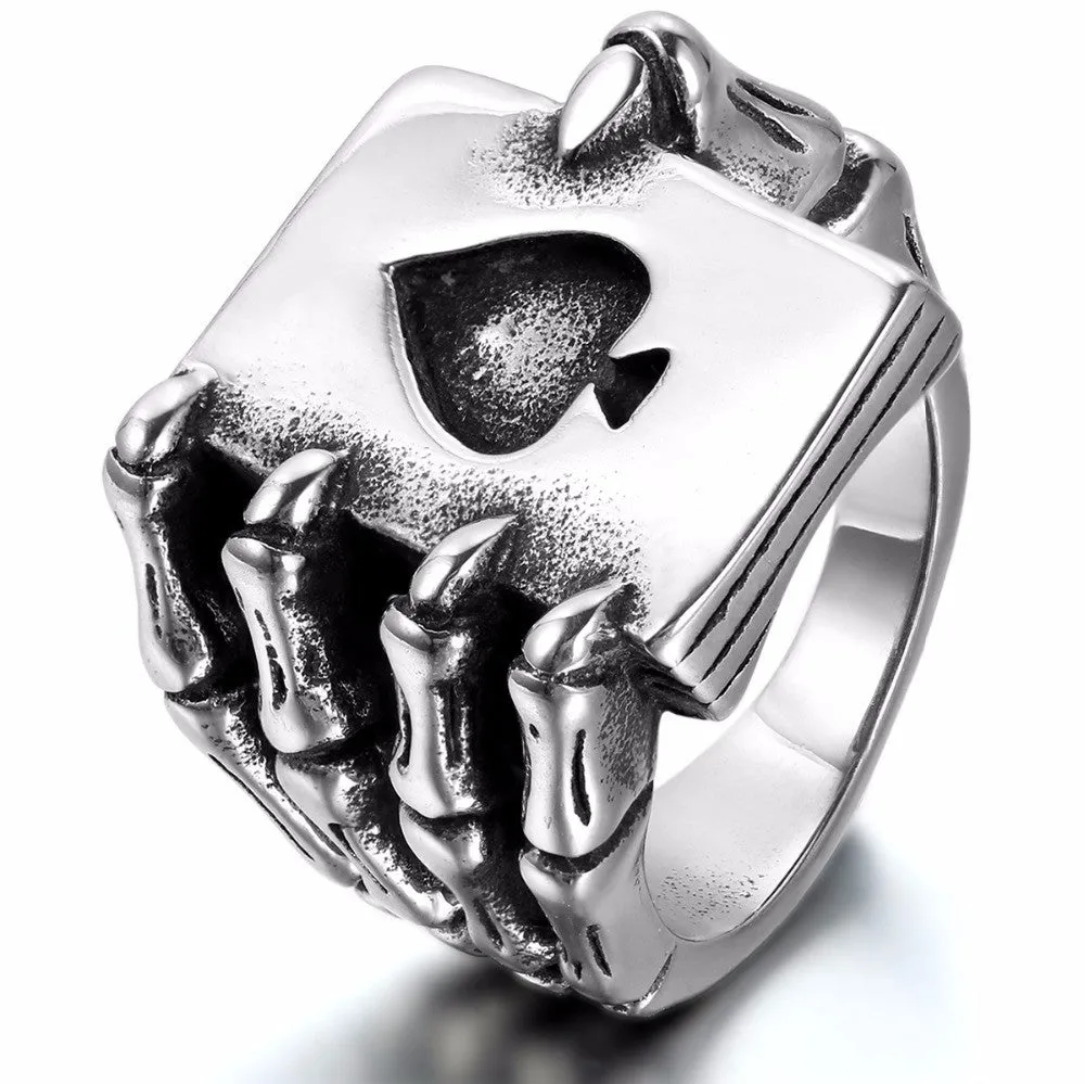 Vintage Black Stainless Steel Men Rings Gothic Punk Skull Hand Claw Poker Playing Card Design anel masculino Men Jewelry Engrave