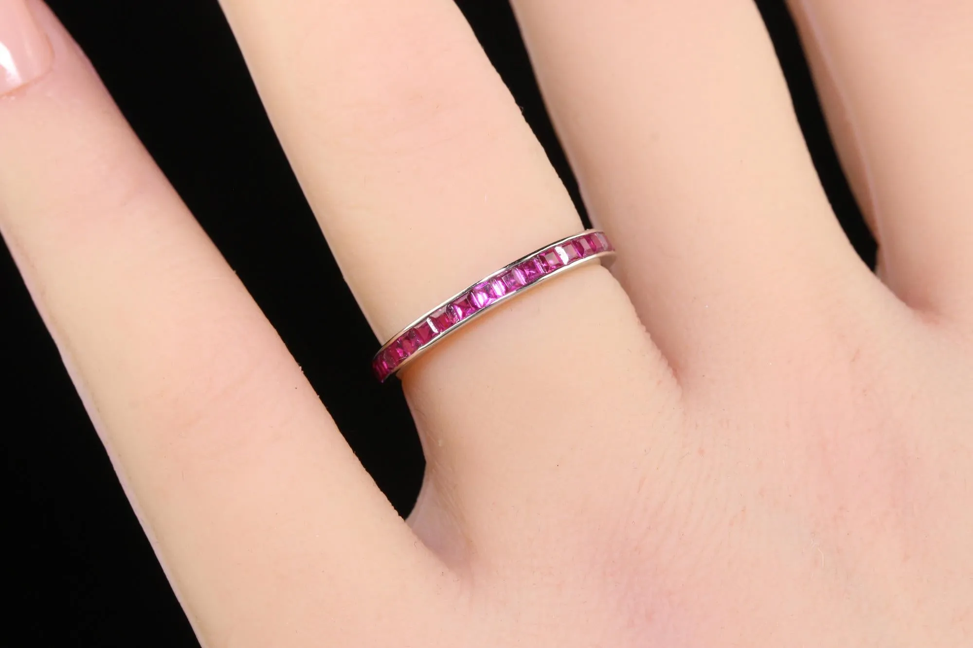 Vintage Estate 14K White Gold Square Cut Ruby Eternity Band - Size 6