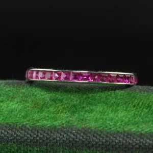 Vintage Estate 14K White Gold Square Cut Ruby Eternity Band - Size 6