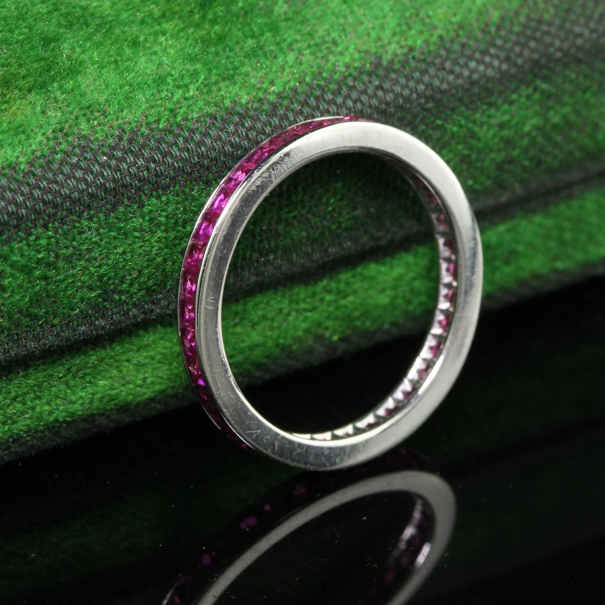 Vintage Estate 14K White Gold Square Cut Ruby Eternity Band - Size 6