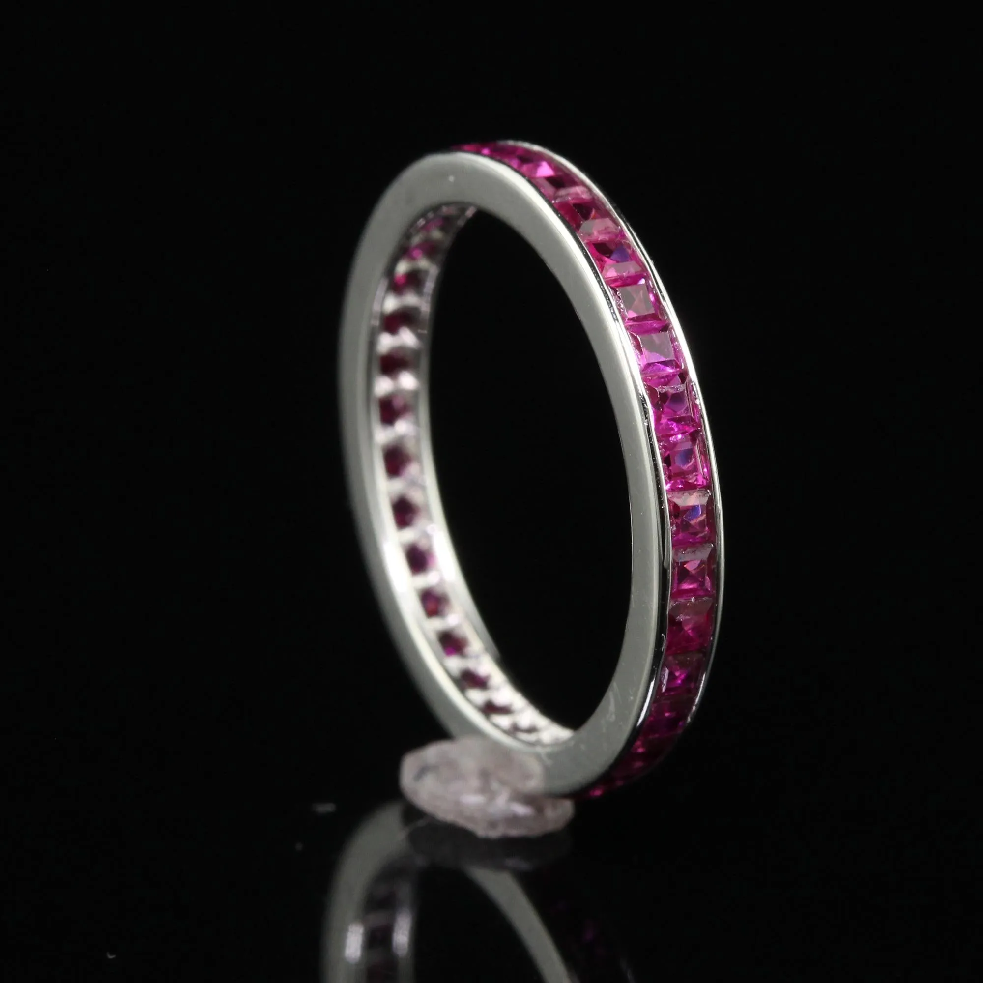 Vintage Estate 14K White Gold Square Cut Ruby Eternity Band - Size 6