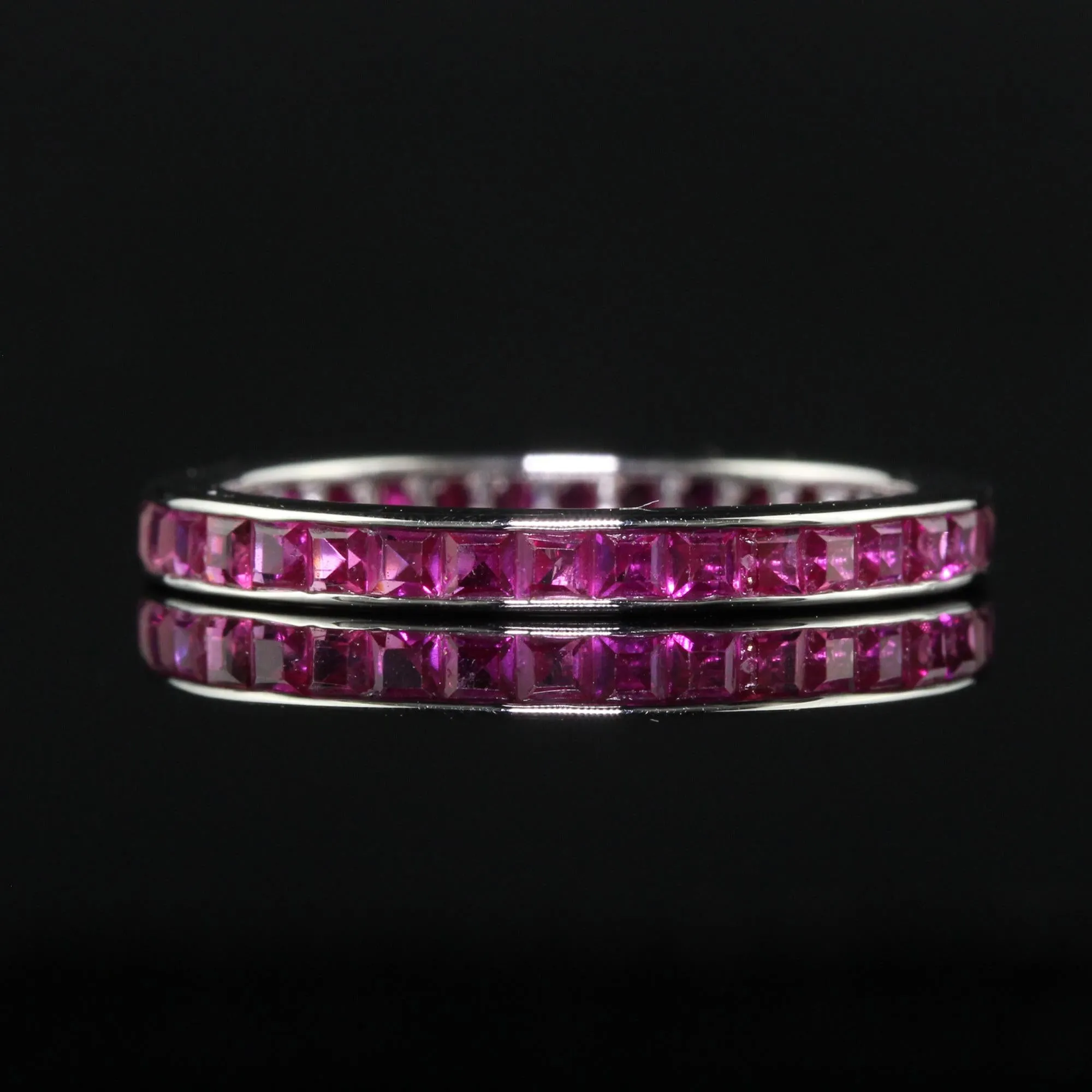 Vintage Estate 14K White Gold Square Cut Ruby Eternity Band - Size 6