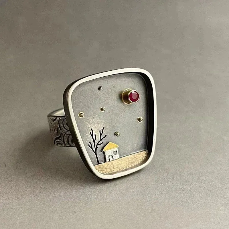 Vintage House Tree Sky Inlay Stone Finger Rings for Women Simple Personalized Niche Design Ring