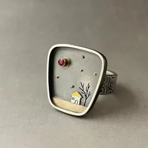 Vintage House Tree Sky Inlay Stone Finger Rings for Women Simple Personalized Niche Design Ring
