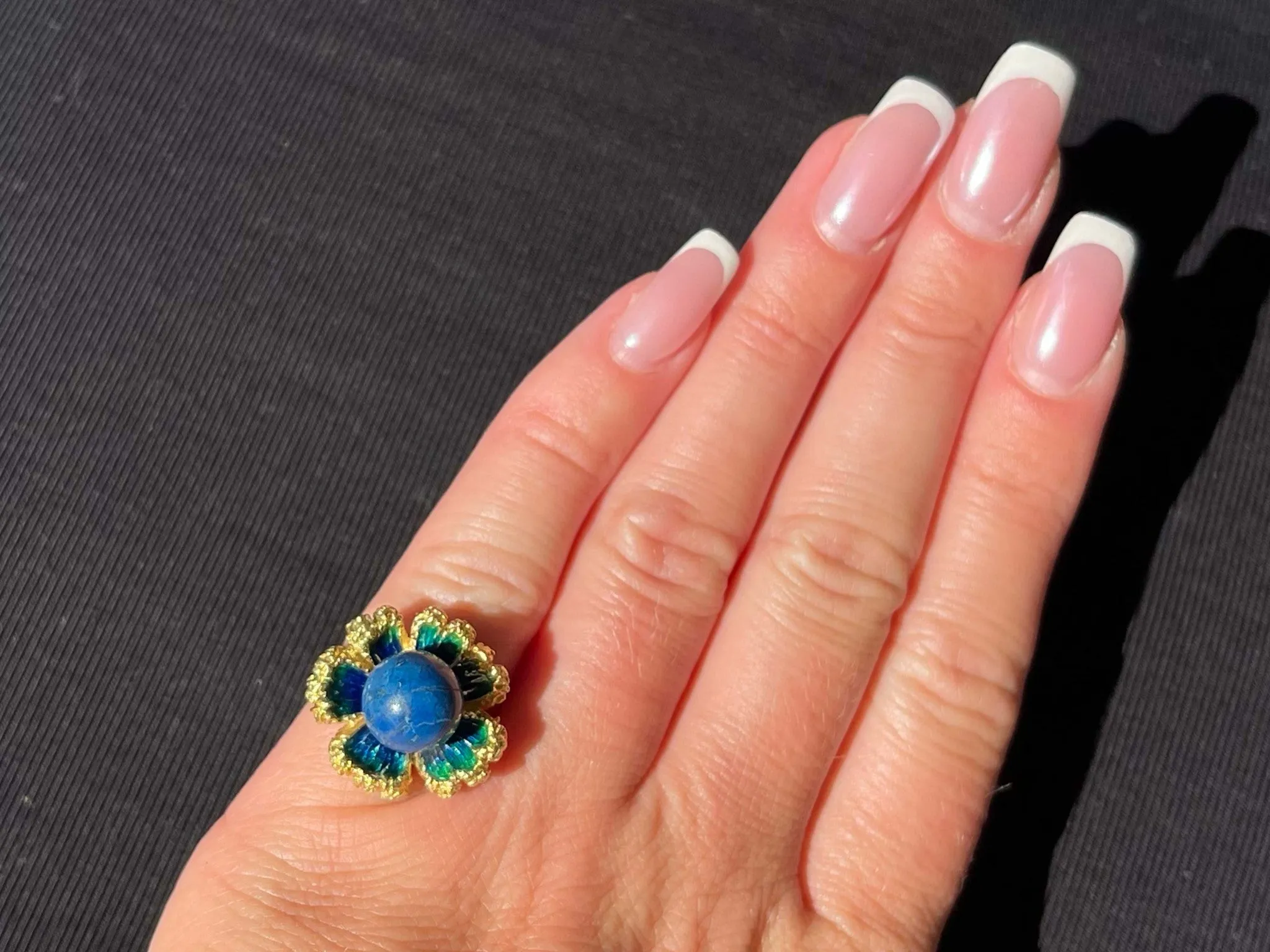 Vintage Lapis Lazuli Enamel Flower Ring 18k Yellow Gold