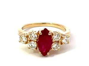 Vintage Marquise Ruby and Diamond Band Ring in 14k Yellow Gold