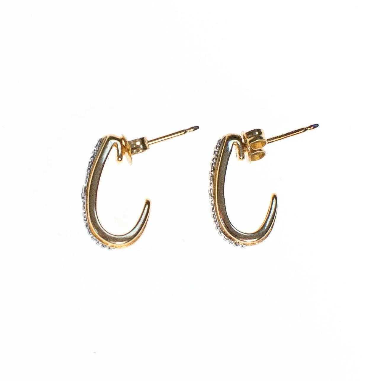 Vintage Pave Diamond and 18kt Gold over Sterling Silver Small Half Hoop Pierced Earrings Earrings