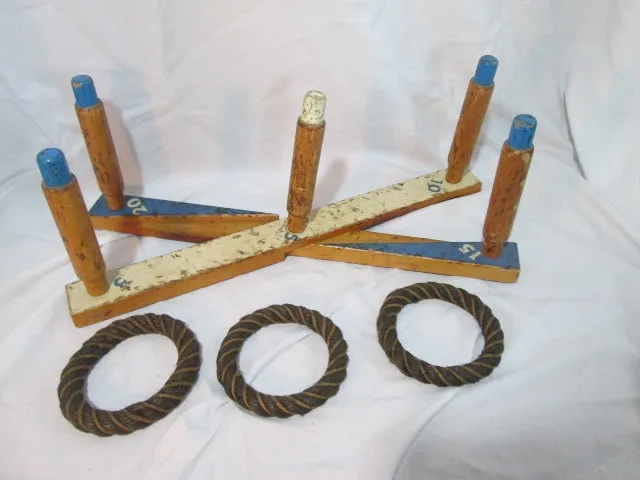 Vintage SPORTCRAFT RING TOSS Game Set Wood Rope Hoop Outdoor COMPLETE
