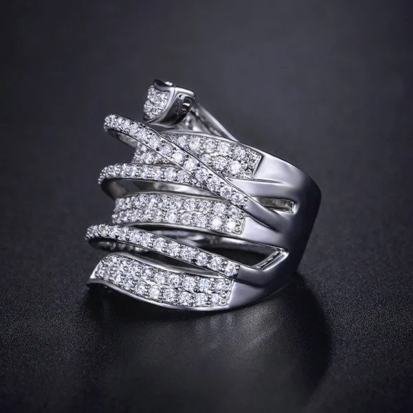 Vivid Ring Unique Shaped White Gold Plated CZ Full Paved Cocktail Rings for Womens Fashion jewellery Party Rings