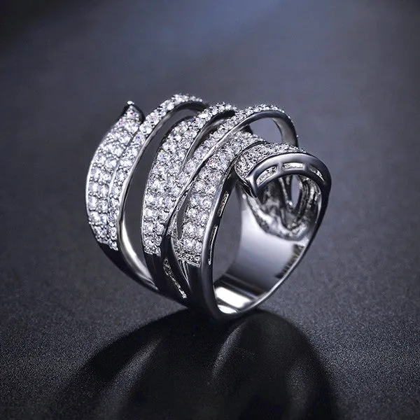Vivid Ring Unique Shaped White Gold Plated CZ Full Paved Cocktail Rings for Womens Fashion jewellery Party Rings