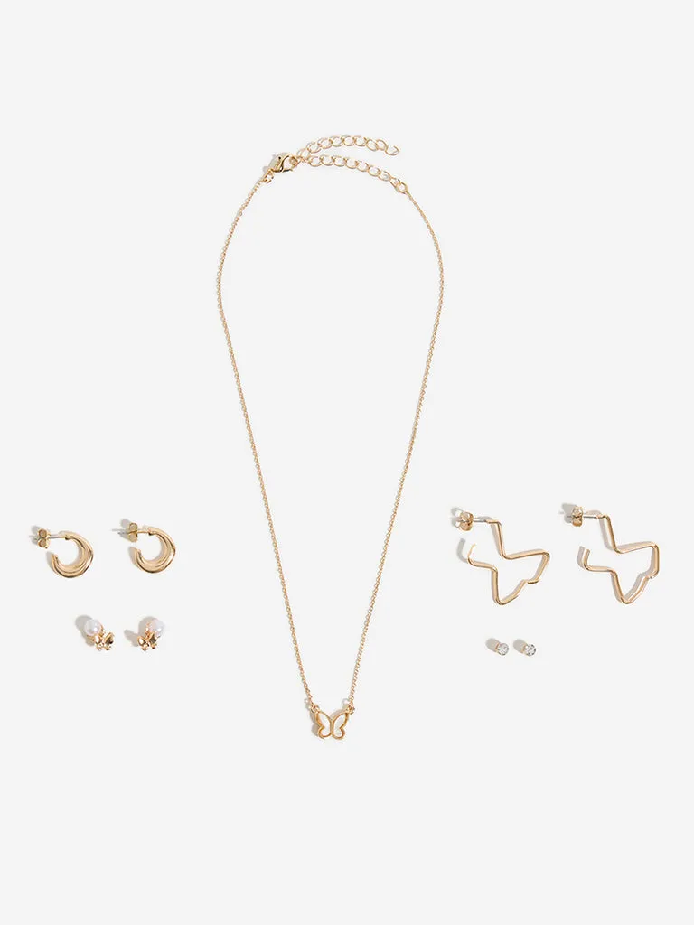 Westside Accessories Gold Butterfly Charm Necklace and Earrings Set