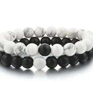White Howlite and Black Wood Bead Couple's Bracelet, Distance Bracelets SET, Unisex