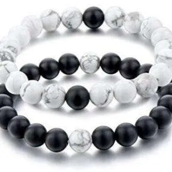 White Howlite and Black Wood Bead Couple's Bracelet, Distance Bracelets SET, Unisex