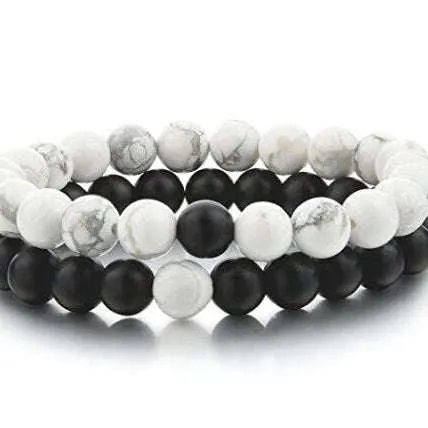 White Howlite and Black Wood Bead Couple's Bracelet, Distance Bracelets SET, Unisex
